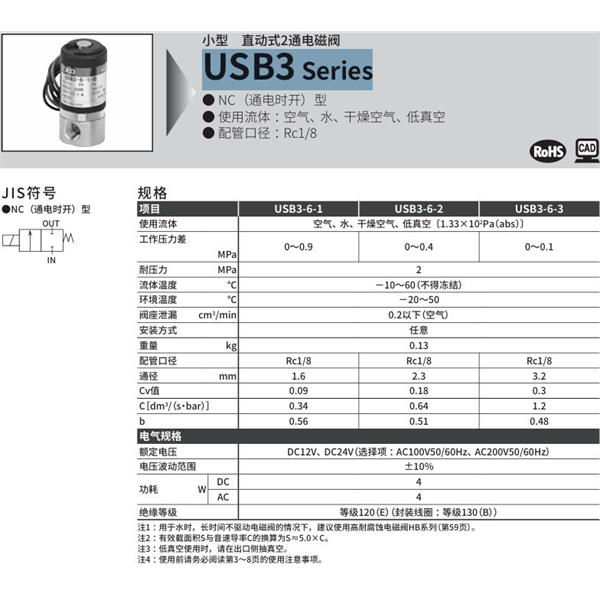 CKD喜開理多種流體小型直動(dòng)式2通電磁閥USB3-6-2-B-DC12V