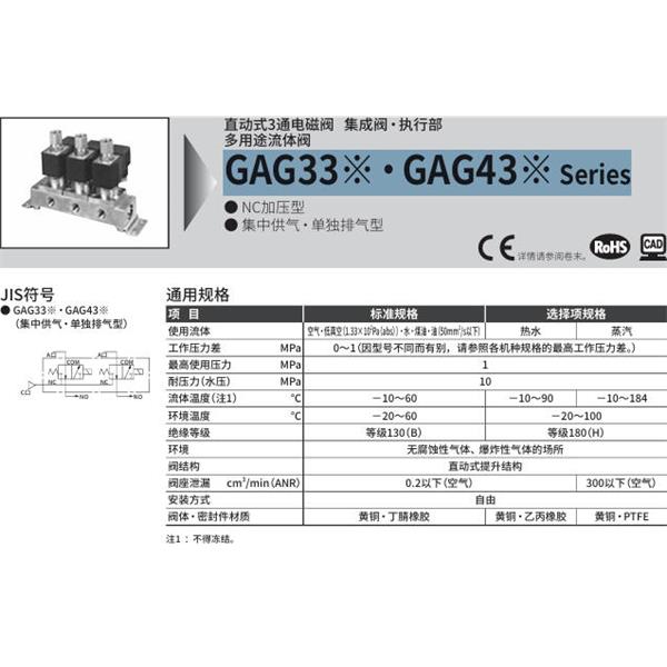 CKD喜開理多種流體直動式2通電磁集成閥GAG331-2-0-AC100V