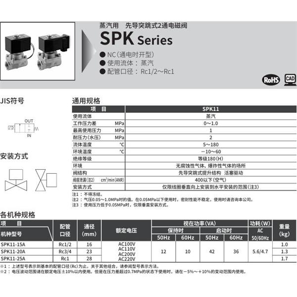 CKD喜開理蒸汽用先導突跳式2通電磁閥SPK11-15G-K4A-AC100V