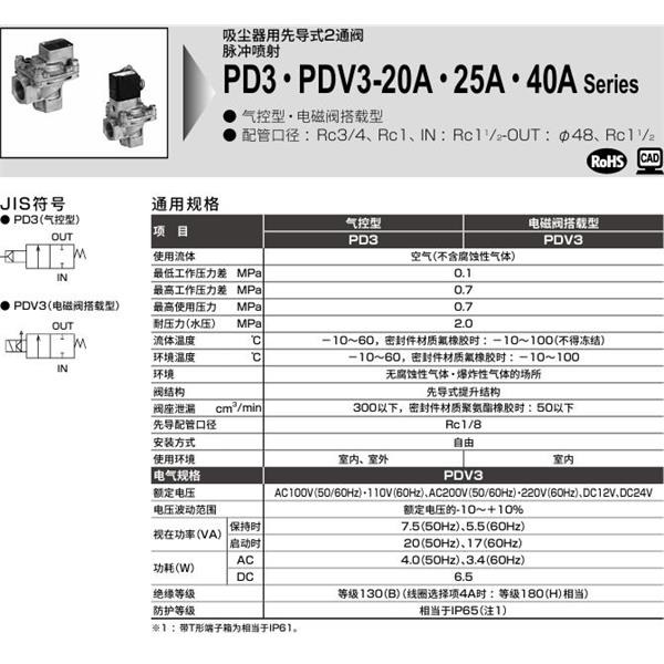 CKD喜開理脈沖噴射閥PDV3-40A·RC-2E-AC100V
