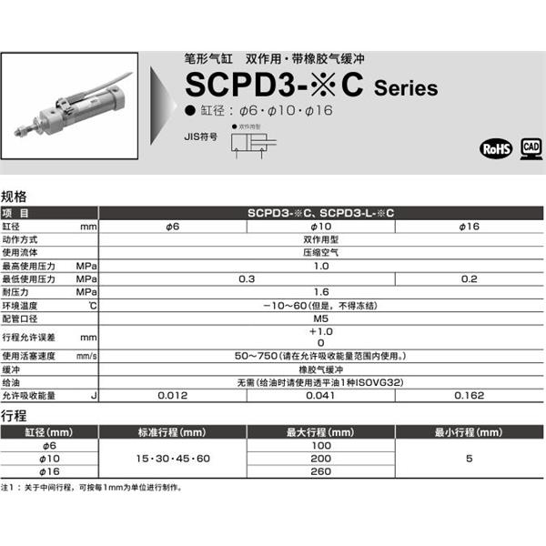 CKD喜開理筆形氣缸SCPD3-00-6C-15