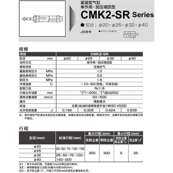 CKD喜開理緊固型氣缸CMK2-SR-LB-20-100-I