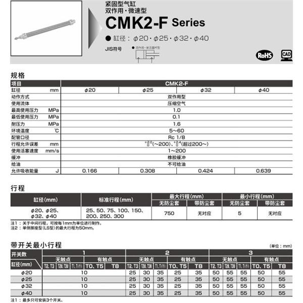 CKD喜開理緊固型氣缸CMK2-F-CA-40-100-T0H-R-MI
