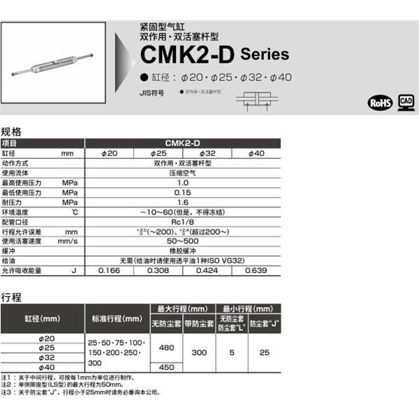 CKD喜開(kāi)理緊固型氣缸CMK2-D-LS-40-100-JI