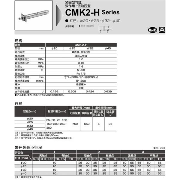 CKD喜開理緊固型氣缸CMK2-H-CC1-40-100-T0H-R-JI